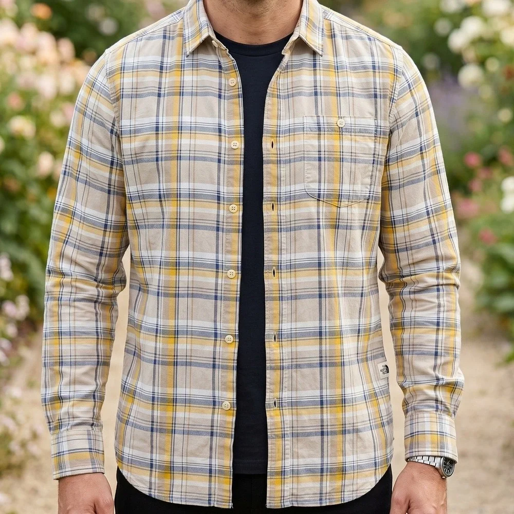 The‎ North Face Mens Plaid Button Down Shirt Tan Yellow Long Sleeve Outdoors
